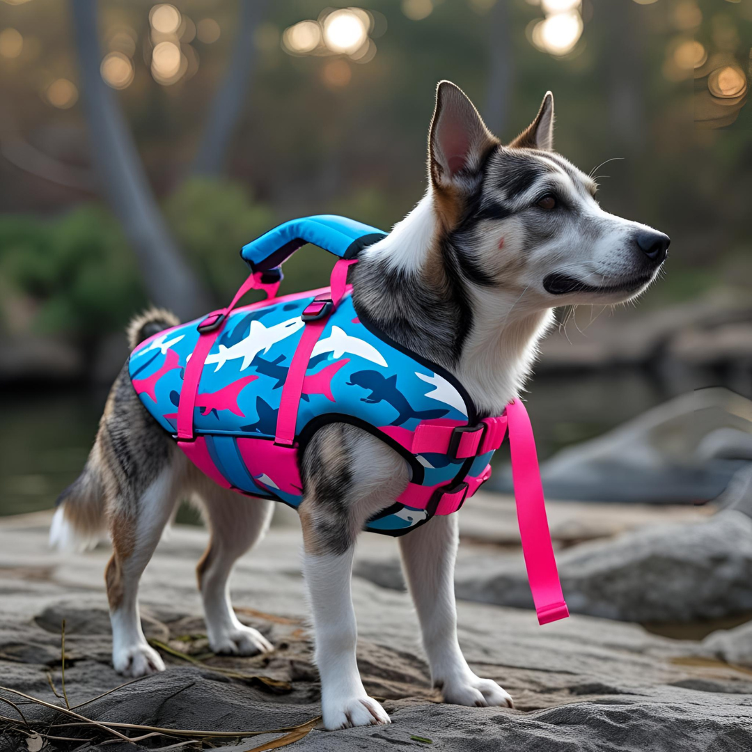Chaleco salvadidas de camuflaje, tiburón, azul y fucsia para perros - Creapet Studio