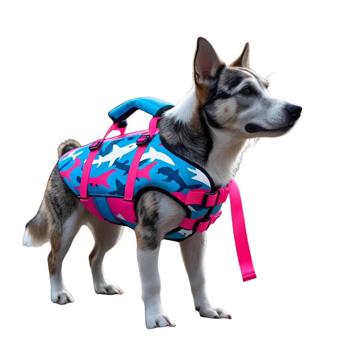 Chaleco salvadidas de camuflaje, tiburón, azul y fucsia para perros - Creapet Studio