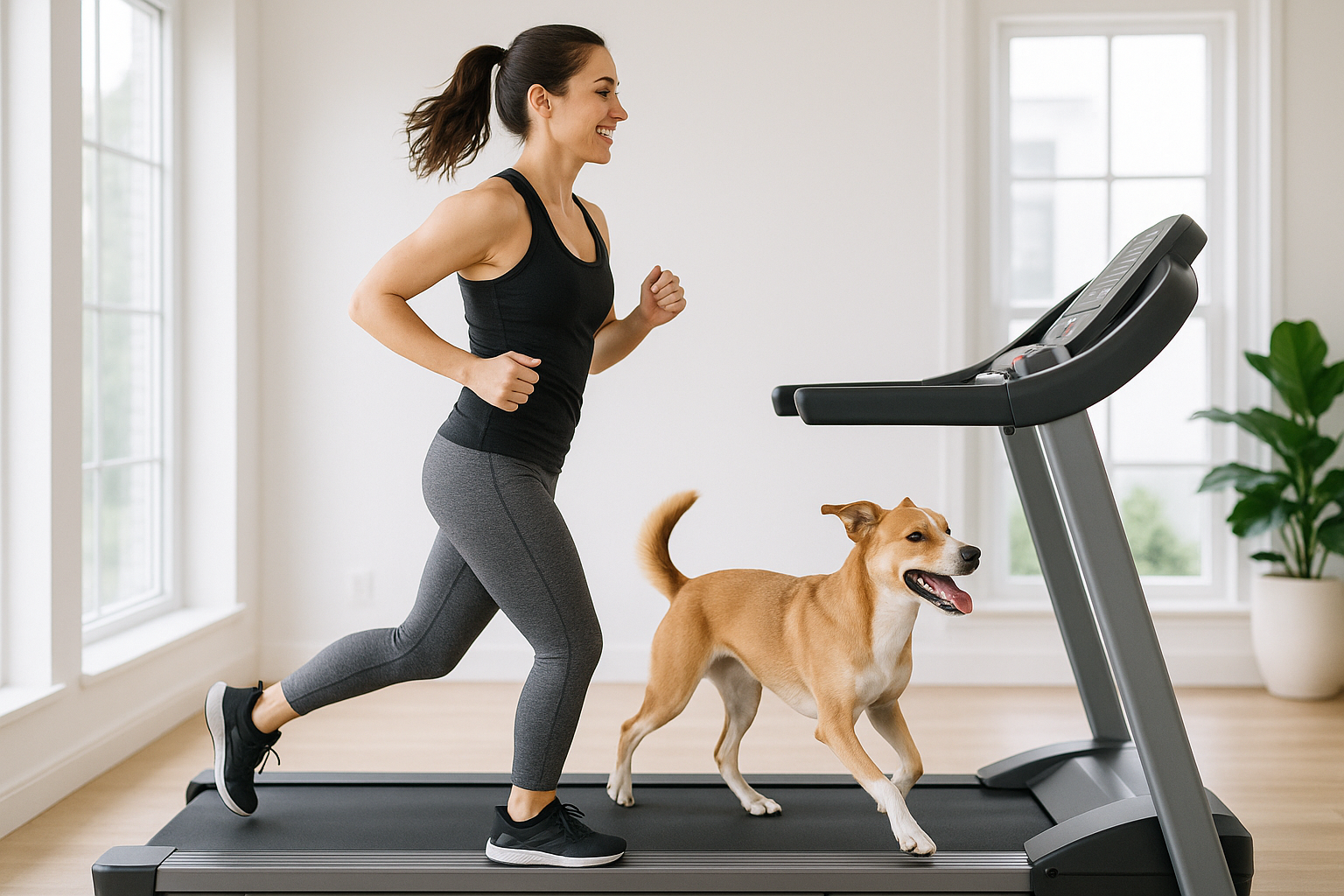 cinta de correr con una mujer y un perro corriendo en la cinta
