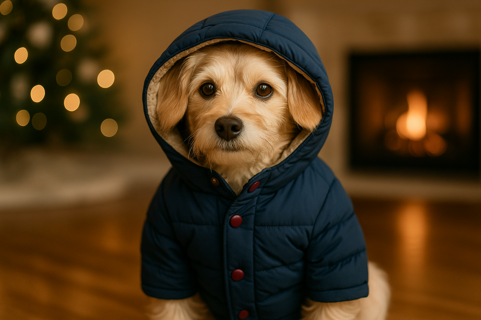 perro vestido con abrigo y capucha