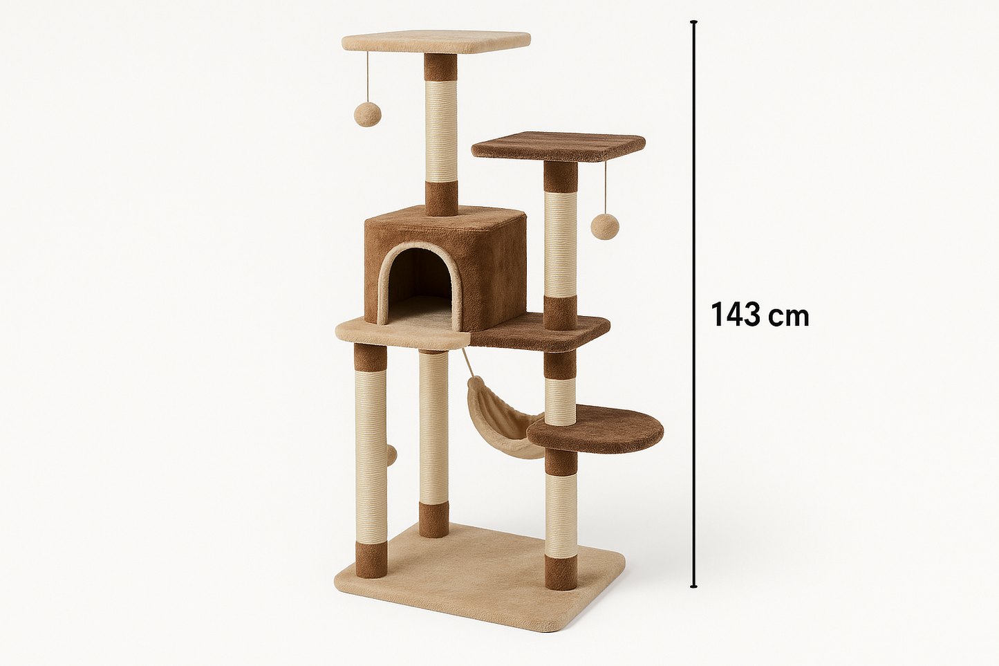 rascador Feandrea para gatos, con una altura de 143 cm, ofrece un entorno multiescalar ideal para el entretenimiento y descanso de tu mascota. Cuenta con 4 postes resistentes para el afilado de uñas, 2 plataformas elevadas, una acogedora cueva y una hamaca cómoda, todo cubierto con tela de felpa suave y duradera. Incluye también 2 pompones colgantes que estimulan el juego activo.