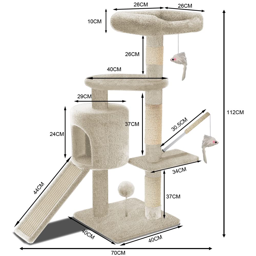 Árbol Rascador para Gatos con Plataformas y Refugios, 112cm, Beige - Creapet Studio