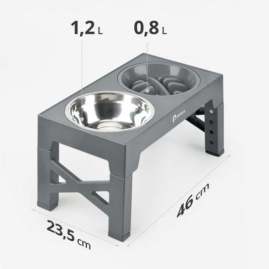 Comedero Perro Elevado de 5 Alturas Ajustables, 2 X 1200ml Comedero Bebedero de Acero y 1 x 800ml Comedero Perro Antivoracidad, Comederos Elevados para Perros Pequeños, Medianos y Grandes, Nero - Creapet Studio