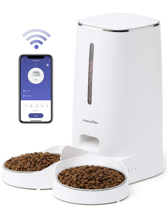 Comedero Gato Automatico WiFi, 4L Dispensador Comida para Perro/Gato con Dos Cuencos, Programa Personalizado de Alimentación Automática, Funcionamiento por Pilas y cableado eléctrico, Blanco - Creapet Studio