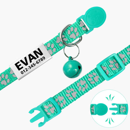 TagME Collar de Gato Personalizado, Reflectante Collares para Gatos con Cascabeles y Hebilla Seguro de Liberación Rápida, 2 Piezas Turquesa - Creapet Studio