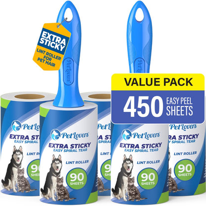 PetLovers Rollo Extra de Pelusa Adhesiva Conjunto de megavalor 450 Hojas para depilación de Mascotas removedor de Pelusa para Perros y Gatos Paquete de 5 - Creapet Studio