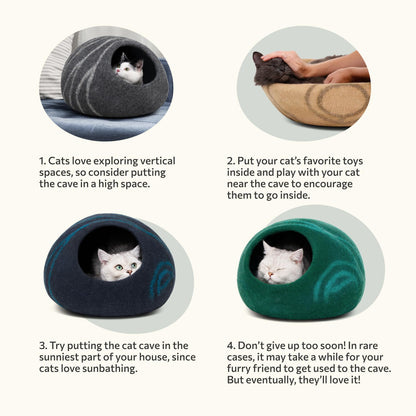 MEOWFIA Cueva de Cama para Gatos de Fieltro Premium - Cama Hecha a Mano 100% Lana Merino para Gatos y Gatitos (Tonos claros) (Grande, Perla ahumada) - Creapet Studio