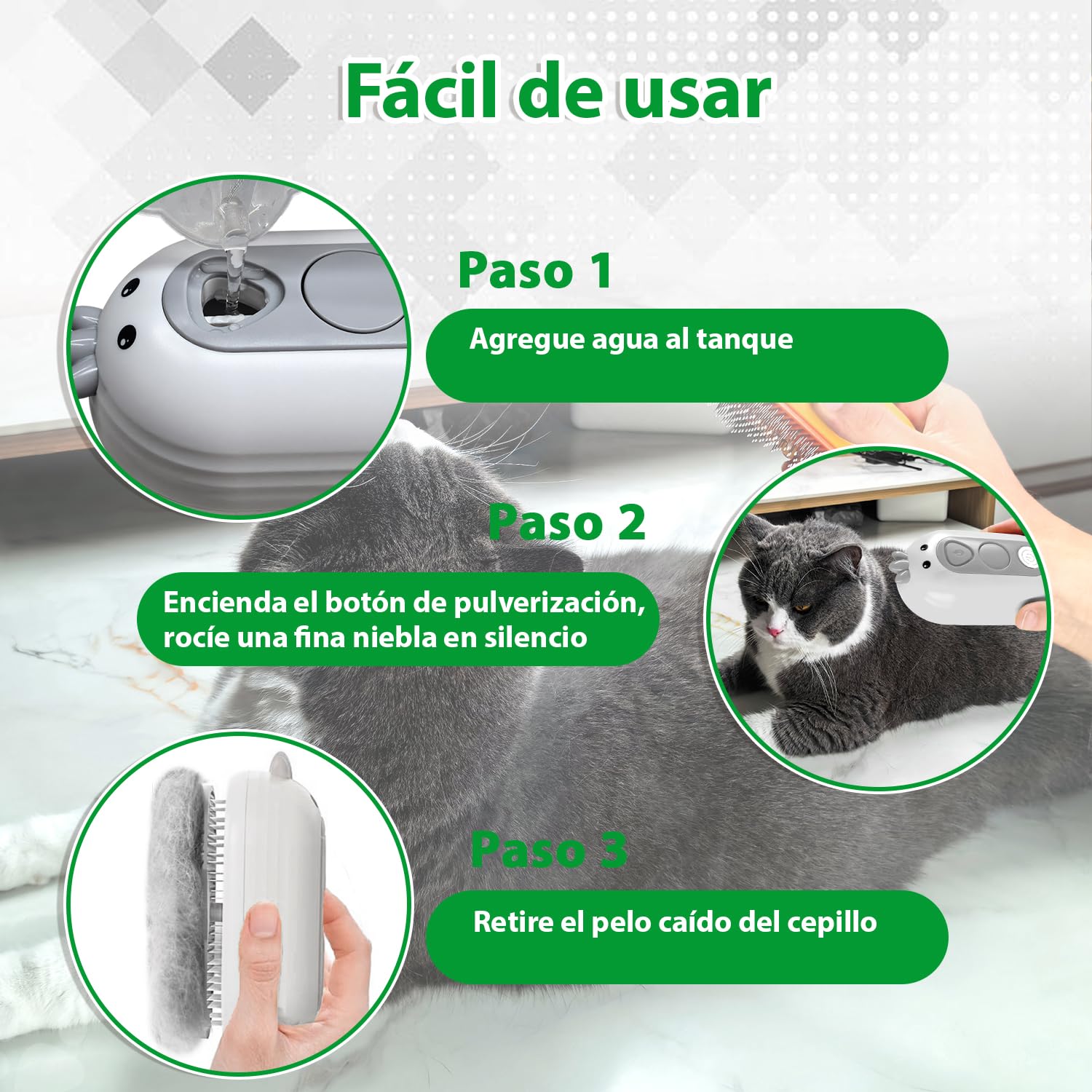 Un cepillo multifuncional que peina, pulveriza y masajea, cuidando el pelaje de tu mascota de forma suave y eficaz.