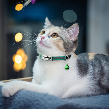 TagME Collar de Gato Personalizado, Reflectante Collares para Gatos con Cascabeles y Hebilla Seguro de Liberación Rápida, 2 Piezas Turquesa - Creapet Studio