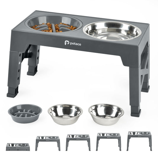 Comedero Perro Elevado de 5 Alturas Ajustables, 2 X 1200ml Comedero Bebedero de Acero y 1 x 800ml Comedero Perro Antivoracidad, Comederos Elevados para Perros Pequeños, Medianos y Grandes, Nero - Creapet Studio