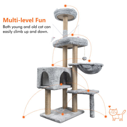 Rascador para Gatos Árbol para Gatos,145cm Rascador, Torre de Escalada, Estable de Varios Niveles, árboles de Actividades con 7 Postes de sisal, 5 Plataformas, 2 nidos - Creapet Studio