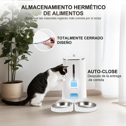 Comedero Gato Automatico WiFi, 4L Dispensador Comida para Perro/Gato con Dos Cuencos, Programa Personalizado de Alimentación Automática, Funcionamiento por Pilas y cableado eléctrico, Blanco - Creapet Studio