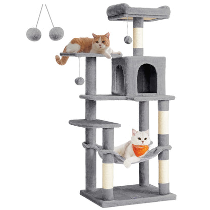 Feandrea Rascador para Gatos, Árbol para Gatos, Altura 143 cm, Torre con 4 Postes, 2 Plataformas, 1 Cueva, 1 Hamaca, 2 Pompones, Tela de Felpa, Multinivel, Gris Claro - Creapet Studio