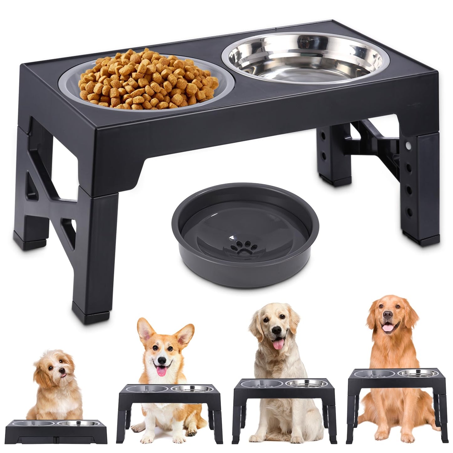 Comedero Elevado para Perro con 3 Cuencos y Bebedero, 4 Alturas Ajustables, Recipiente Extraíble para Perros Medianos y Grandes, Negro - Creapet Studio