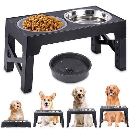 Comedero Elevado para Perro con 3 Cuencos y Bebedero, 4 Alturas Ajustables, Recipiente Extraíble para Perros Medianos y Grandes, Negro - Creapet Studio