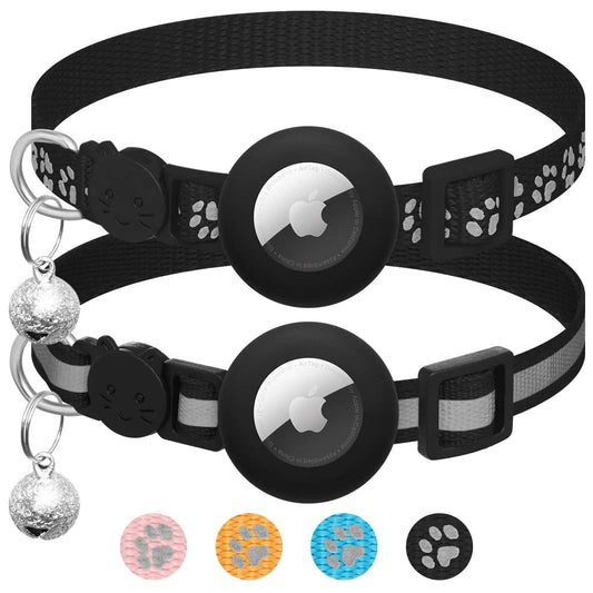 LAFAYI 2 Pack Collar de Gato Compatible con Airtag Apple con Accesorio,Reflectante Ajustable para Gatos Apple Airtag con Cierre de Seguridad,Negro - Creapet Studio