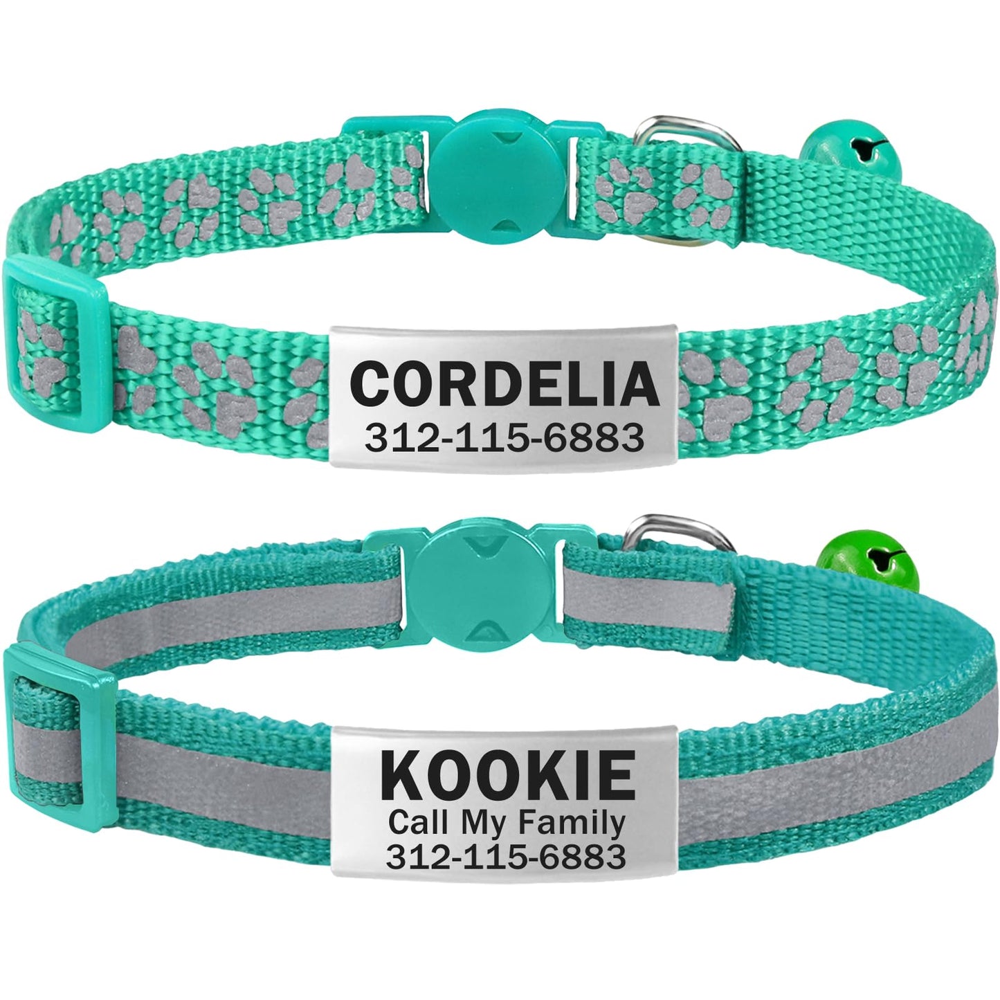 TagME Collar de Gato Personalizado, Reflectante Collares para Gatos con Cascabeles y Hebilla Seguro de Liberación Rápida, 2 Piezas Turquesa - Creapet Studio