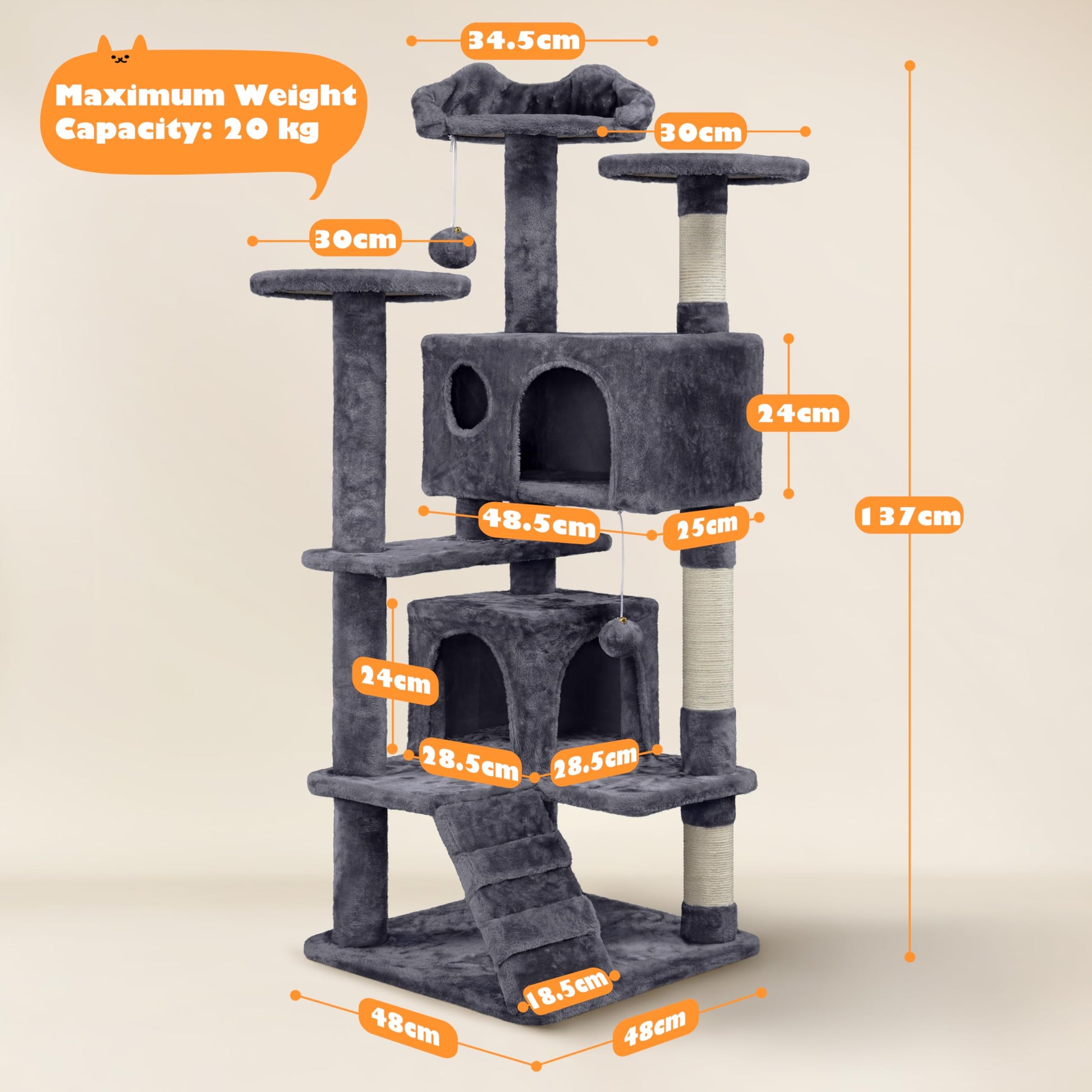 Yaheetech Árbol Rascador para Gatos con Plataforma Torre Escalador para 1-3 Gatos Medianos con Bolas 49x49x138.5cm Gris Oscuro - Creapet Studio