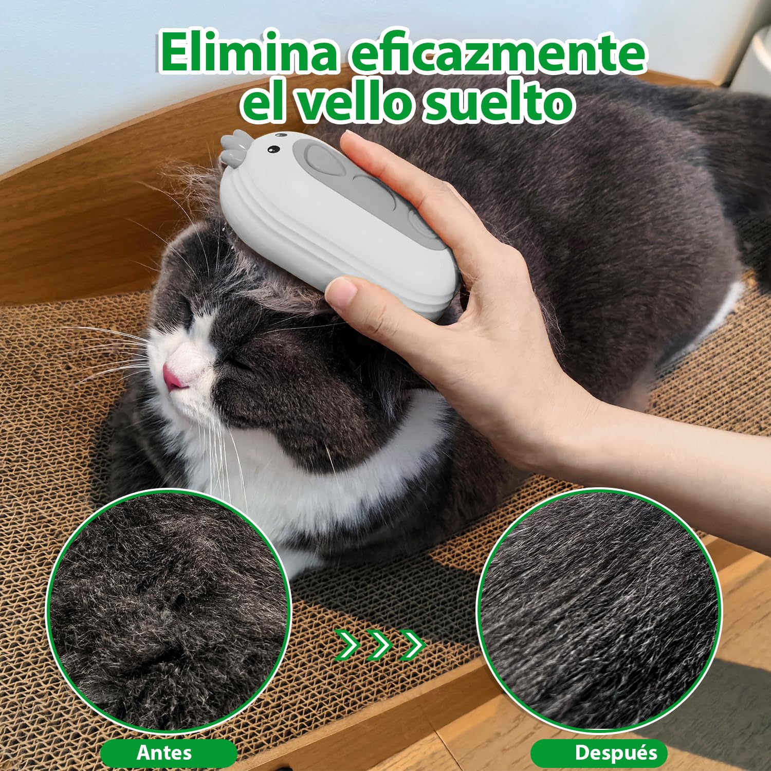 Un cepillo multifuncional que peina, pulveriza y masajea, cuidando el pelaje de tu mascota de forma suave y eficaz.