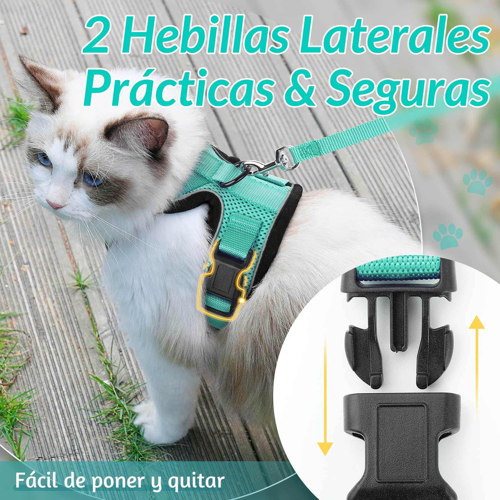 rabbitgoo Arnes para Gatos Antiescape con Correa 150cm, Arnes Gato Ajustable Reflectante, Chaleco de Tela de Malla Suave y Transpirable, Arnés Gato Pequeño para Caminar Entrenar, XS, Verde - Creapet Studio