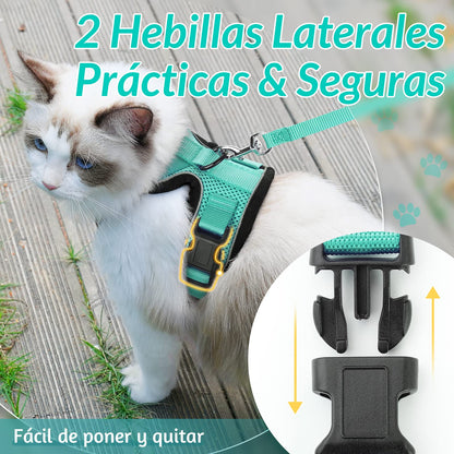 rabbitgoo Arnes para Gatos Antiescape con Correa 150cm, Arnes Gato Ajustable Reflectante, Chaleco de Tela de Malla Suave y Transpirable, Arnés Gato Pequeño para Caminar Entrenar, XS, Verde - Creapet Studio