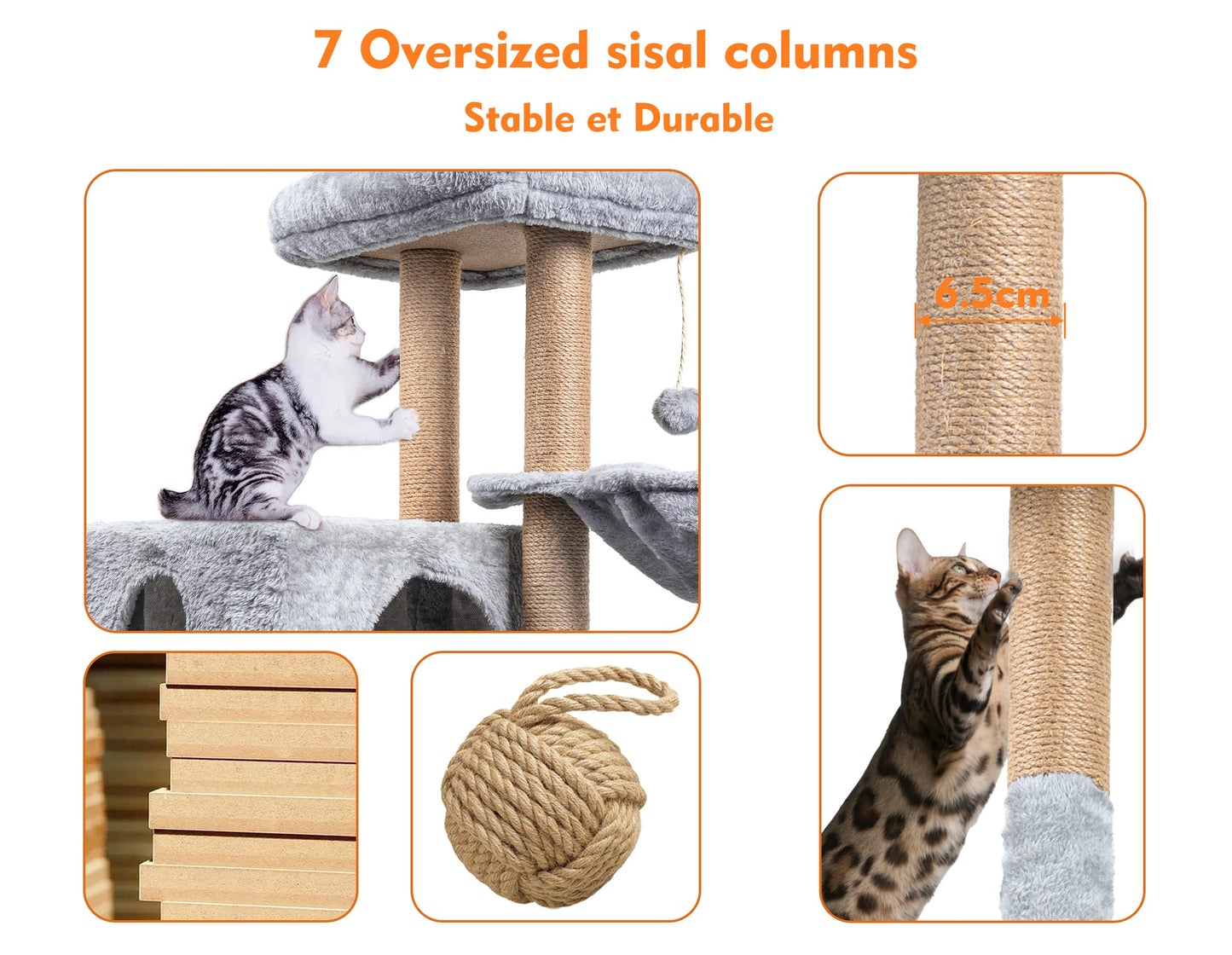 Rascador para Gatos Árbol para Gatos,145cm Rascador, Torre de Escalada, Estable de Varios Niveles, árboles de Actividades con 7 Postes de sisal, 5 Plataformas, 2 nidos - Creapet Studio