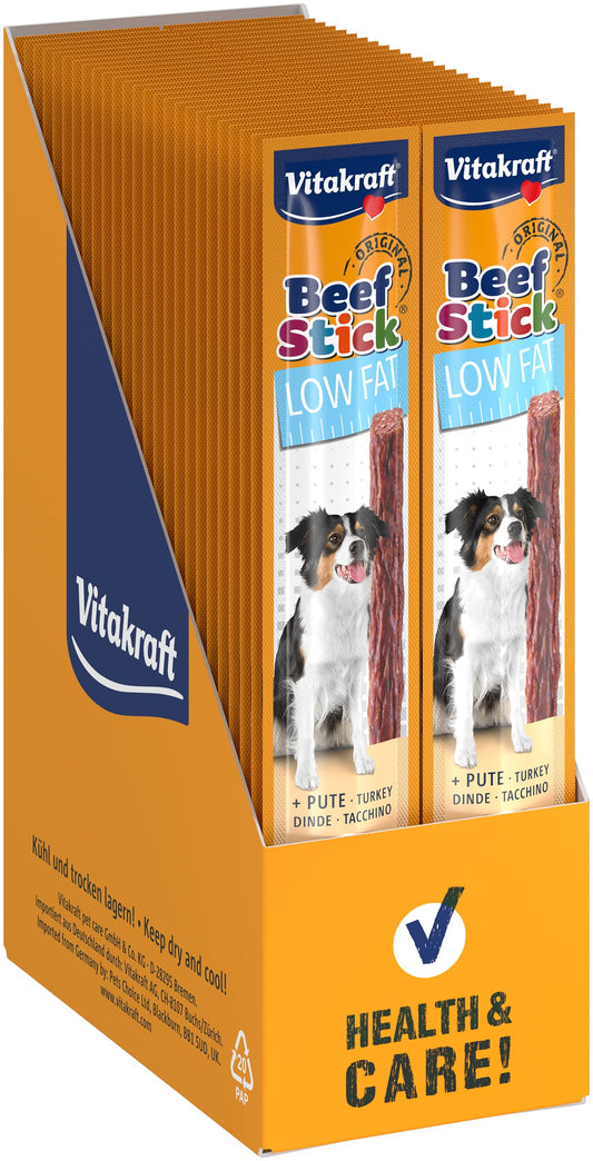 Vitakraft Beef Stick, bajo en grasa, snack premio para perros con problemas de peso, con carne magra de pavo, con contenido reducido de grasa, sin azúcar añadido (50 uds x 12g) - Creapet Studio