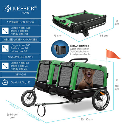 KESSER® Remolque para Perros 3-en-1 Buggy & Jogger Remolque para Bicicletas Grande Aprox. 240 litros de Volumen, montado sobre muelles, Material: Lona Oxford 600D, Carga máxima: 40 kg - Creapet Studio