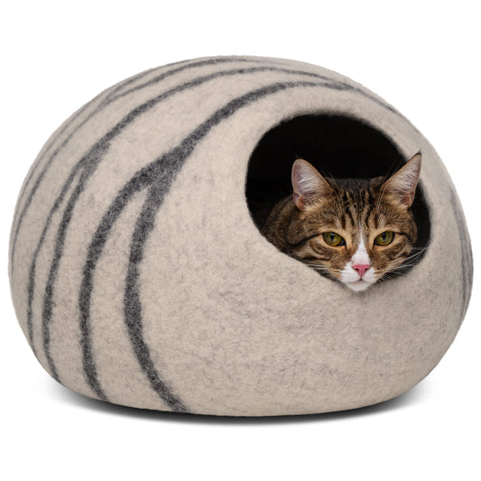MEOWFIA Cueva de Cama para Gatos de Fieltro Premium - Cama Hecha a Mano 100% Lana Merino para Gatos y Gatitos (Tonos claros) (Grande, Perla ahumada) - Creapet Studio