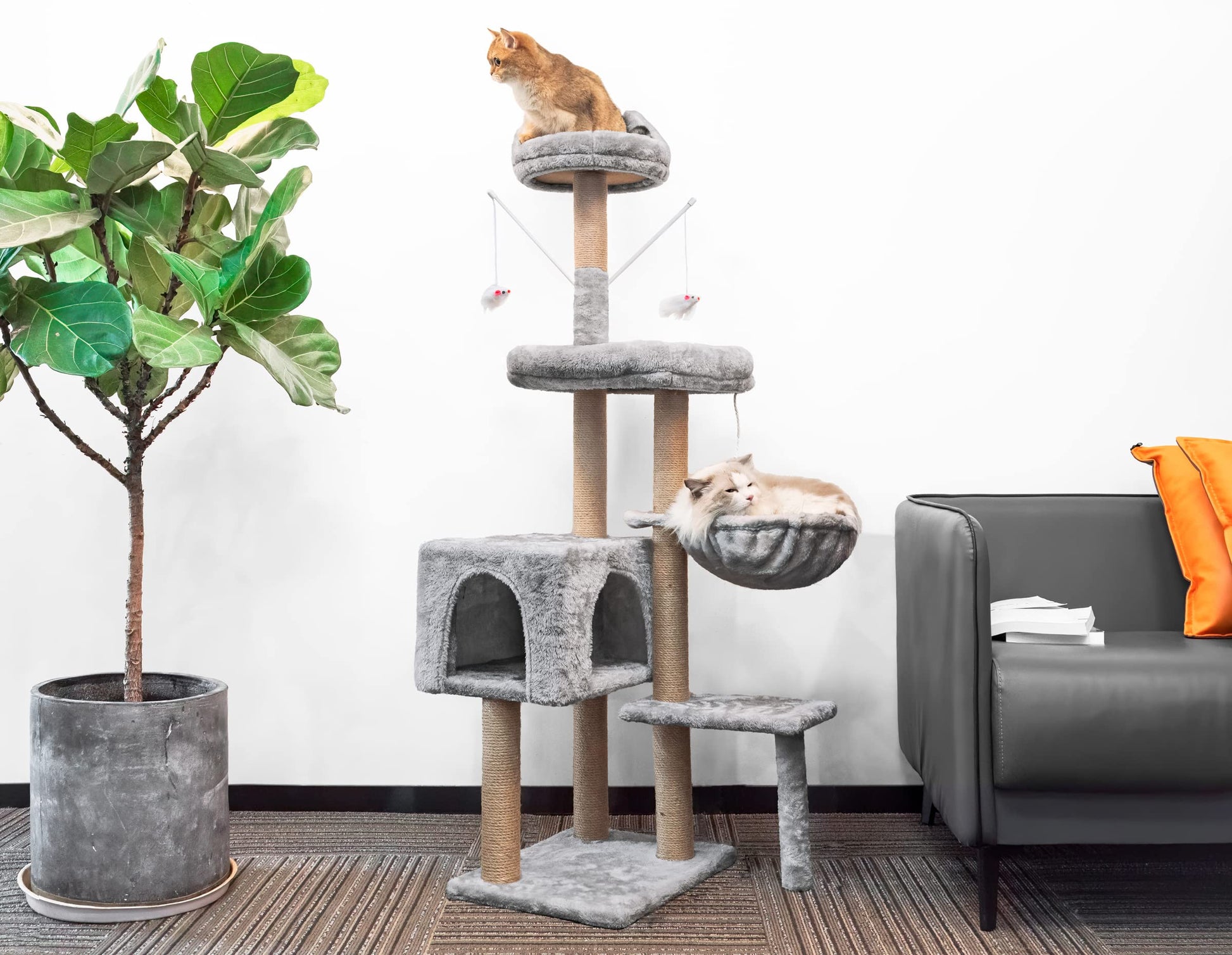Rascador para Gatos Árbol para Gatos,145cm Rascador, Torre de Escalada, Estable de Varios Niveles, árboles de Actividades con 7 Postes de sisal, 5 Plataformas, 2 nidos - Creapet Studio