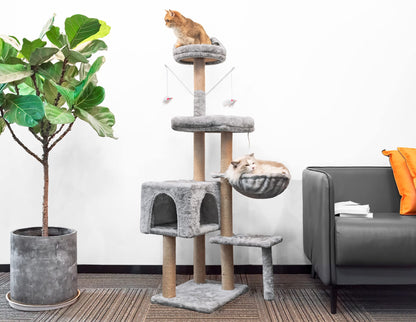 Rascador para Gatos Árbol para Gatos,145cm Rascador, Torre de Escalada, Estable de Varios Niveles, árboles de Actividades con 7 Postes de sisal, 5 Plataformas, 2 nidos - Creapet Studio