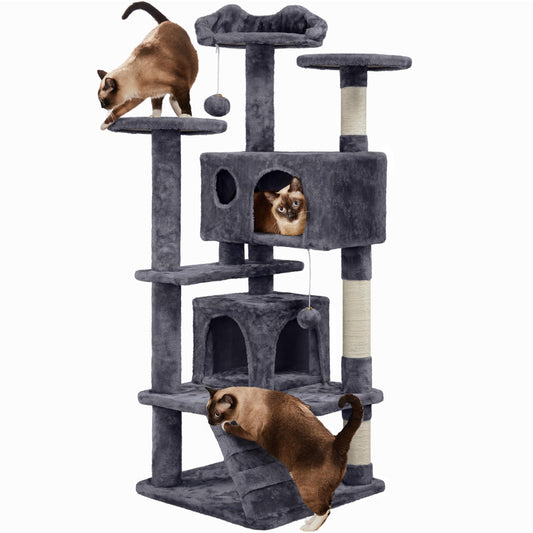 Yaheetech Árbol Rascador para Gatos con Plataforma Torre Escalador para 1-3 Gatos Medianos con Bolas 49x49x138.5cm Gris Oscuro - Creapet Studio