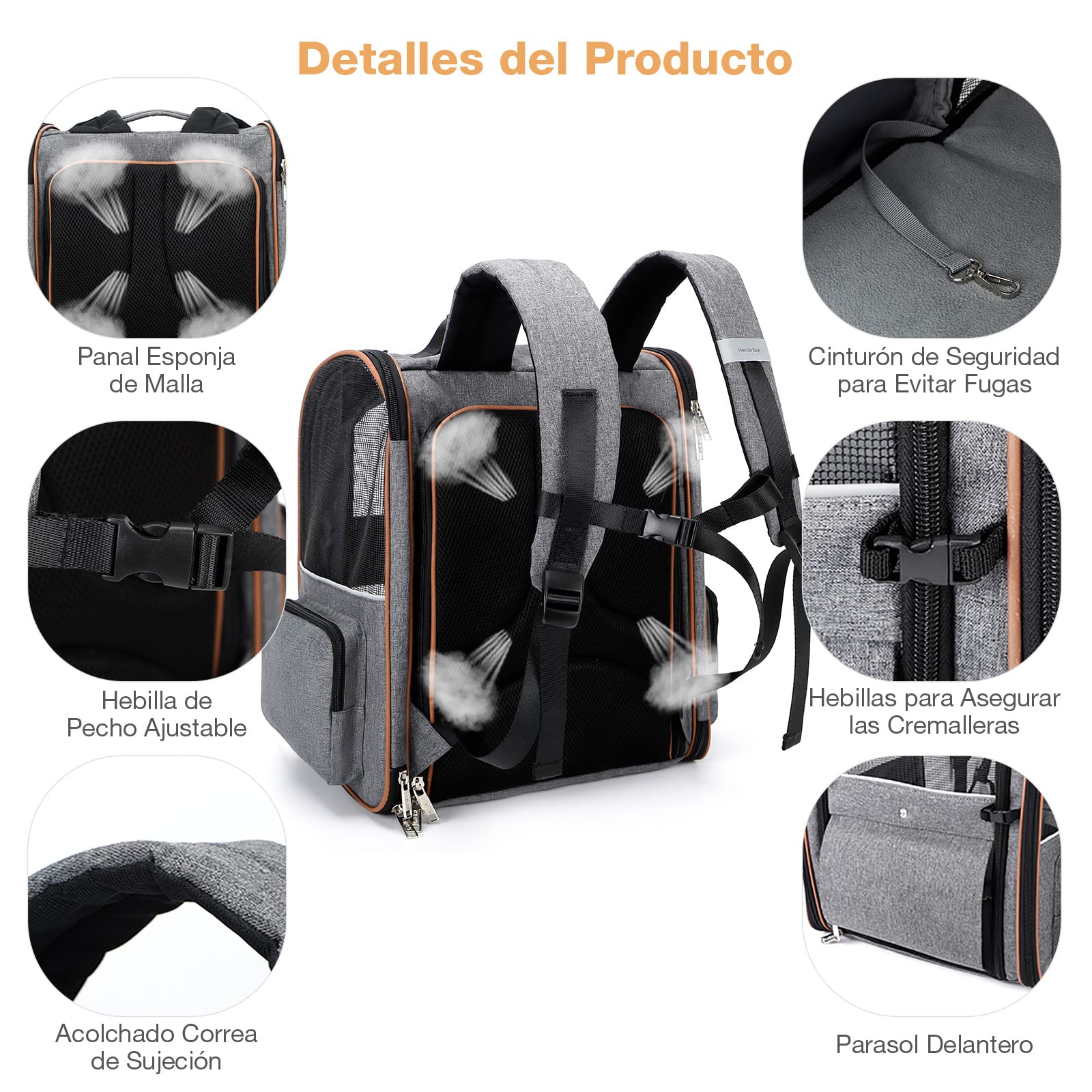 Transportin Gato Extensible con 4 Entradas, Mochila Transpirable - Transportin Perro Pequeño con Arnés Interno - Creapet Studio
