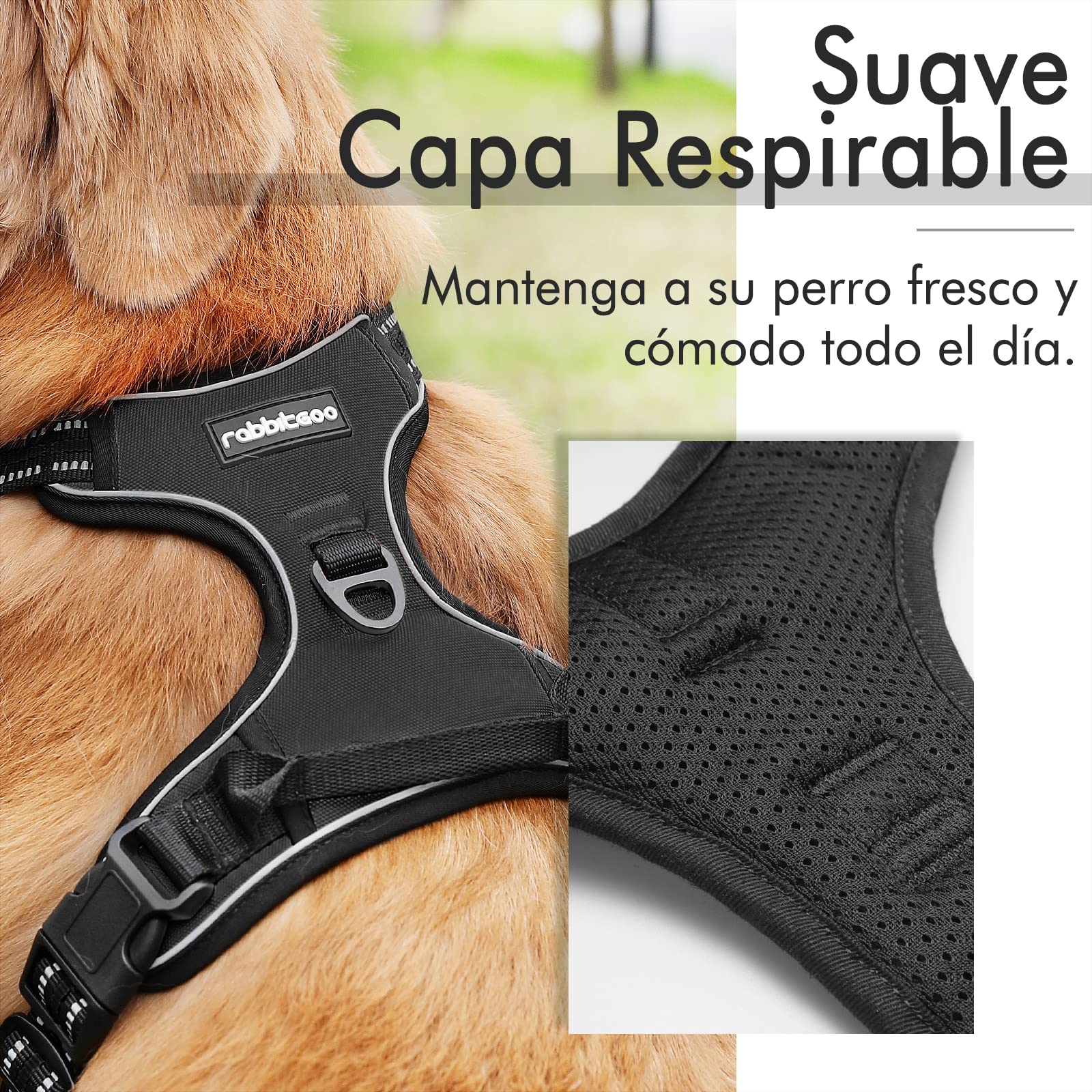 Arnés Antitirones para Perro Grande – Ajustable, Reflectante y Transpirable, Ideal para Coche y Paseo – rabbitgoo Negro - Creapet Studio