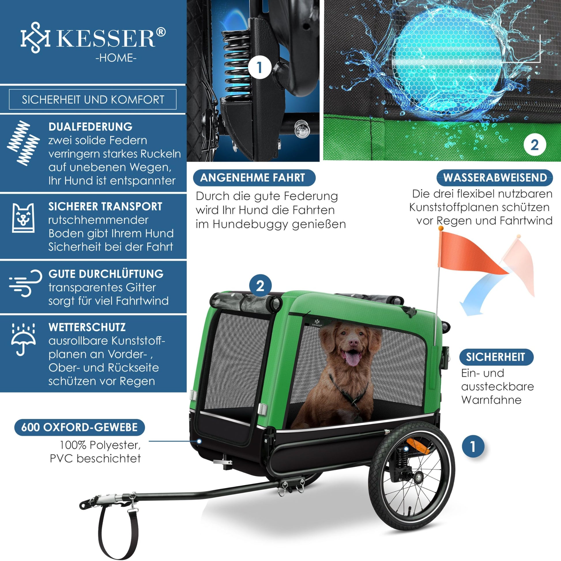 KESSER® Remolque para Perros 3-en-1 Buggy & Jogger Remolque para Bicicletas Grande Aprox. 240 litros de Volumen, montado sobre muelles, Material: Lona Oxford 600D, Carga máxima: 40 kg - Creapet Studio