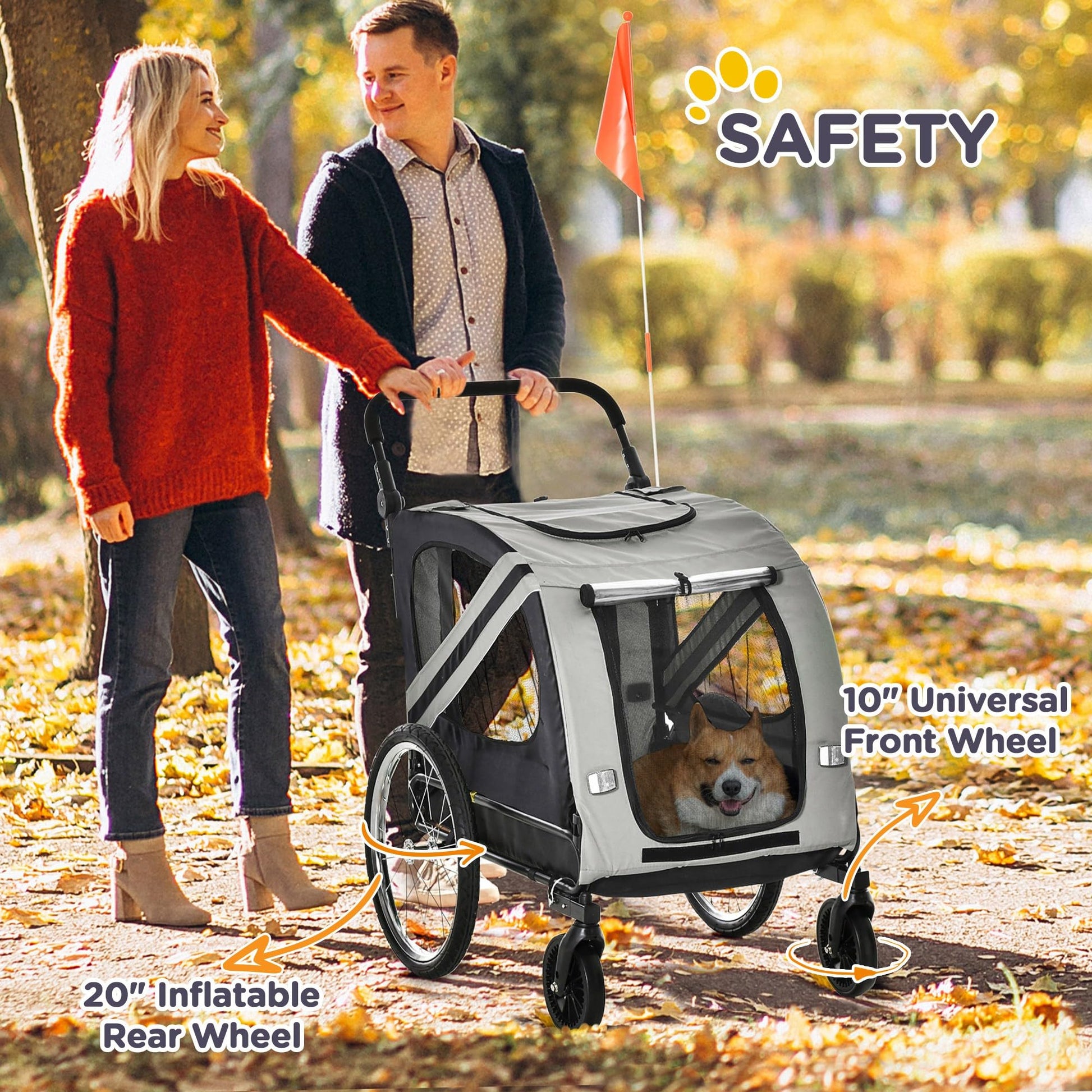 Remolque de Bicicleta para Perros 2 en 1 Carrito de Transporte para Mascotas con Puertas Enrollables Cinturón de Seguridad Bandera y 6 Reflectores Carga 30 kg 140x72,5x108 cm Gris - Creapet Studio