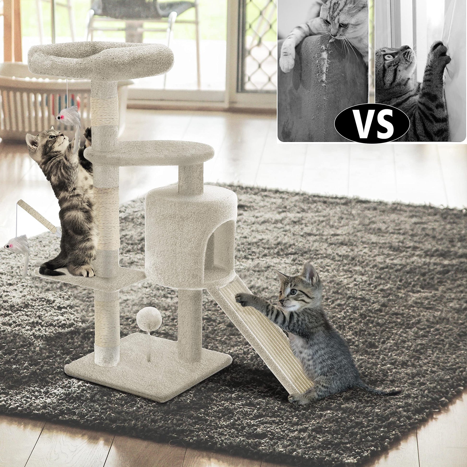 Árbol Rascador para Gatos con Plataformas y Refugios, 112cm, Beige - Creapet Studio