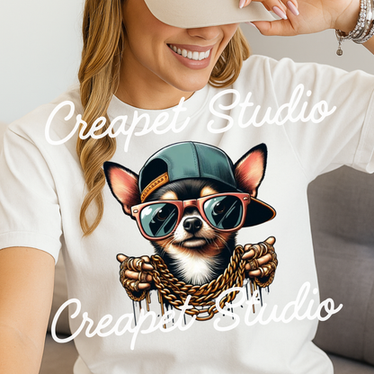 Chihuahua con actitud de rapero, Diseño digital hip hop de perro, PNG descarga digital - Creapet Studio
