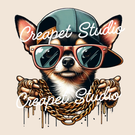 Chihuahua con actitud de rapero, Diseño digital hip hop de perro, PNG descarga digital - Creapet Studio
