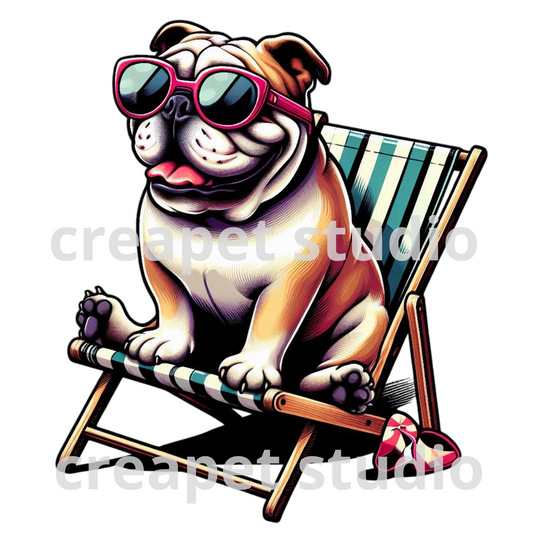Bulldog inglés PNG con gafas de sol, sentado en una silla de playa, cartoon moderno, fondo transparente, camiseta divertida - Creapet Studio
