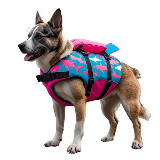 Chaleco salvadidas de camuflaje, tiburón, azul y fucsia para perros - Creapet Studio