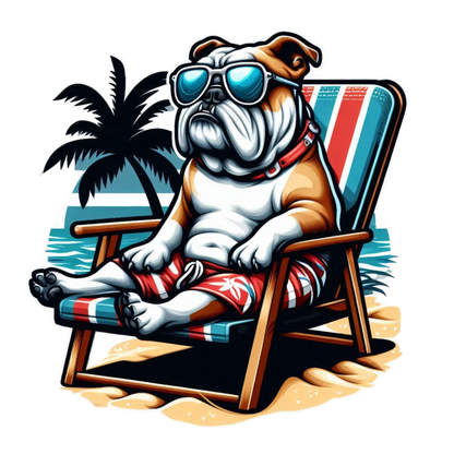 Un bulldog inglés PNG con gafas de sol, sentado en una silla de playa, estilo cartoon moderno, fondo transparente, para camiseta divertida, Descarga digital - Creapet Studio