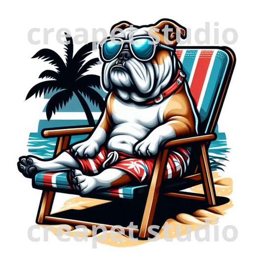 Un bulldog inglés PNG con gafas de sol, sentado en una silla de playa, estilo cartoon moderno, fondo transparente, para camiseta divertida, Descarga digital - Creapet Studio