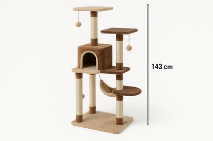 rascador Feandrea para gatos, con una altura de 143 cm, ofrece un entorno multiescalar ideal para el entretenimiento y descanso de tu mascota. Cuenta con 4 postes resistentes para el afilado de uñas, 2 plataformas elevadas, una acogedora cueva y una hamaca cómoda, todo cubierto con tela de felpa suave y duradera. Incluye también 2 pompones colgantes que estimulan el juego activo.