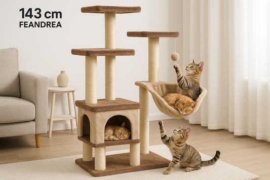 rascador Feandrea para gatos, con una altura de 143 cm, ofrece un entorno multiescalar ideal para el entretenimiento y descanso de tu mascota. Cuenta con 4 postes resistentes para el afilado de uñas, 2 plataformas elevadas, una acogedora cueva y una hamaca cómoda, todo cubierto con tela de felpa suave y duradera. Incluye también 2 pompones colgantes que estimulan el juego activo. Con gato dormido y jugando